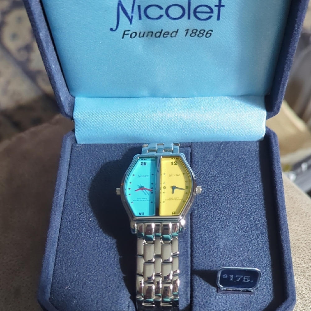 Nicolet Blue and Yellow Dual-Time Watch